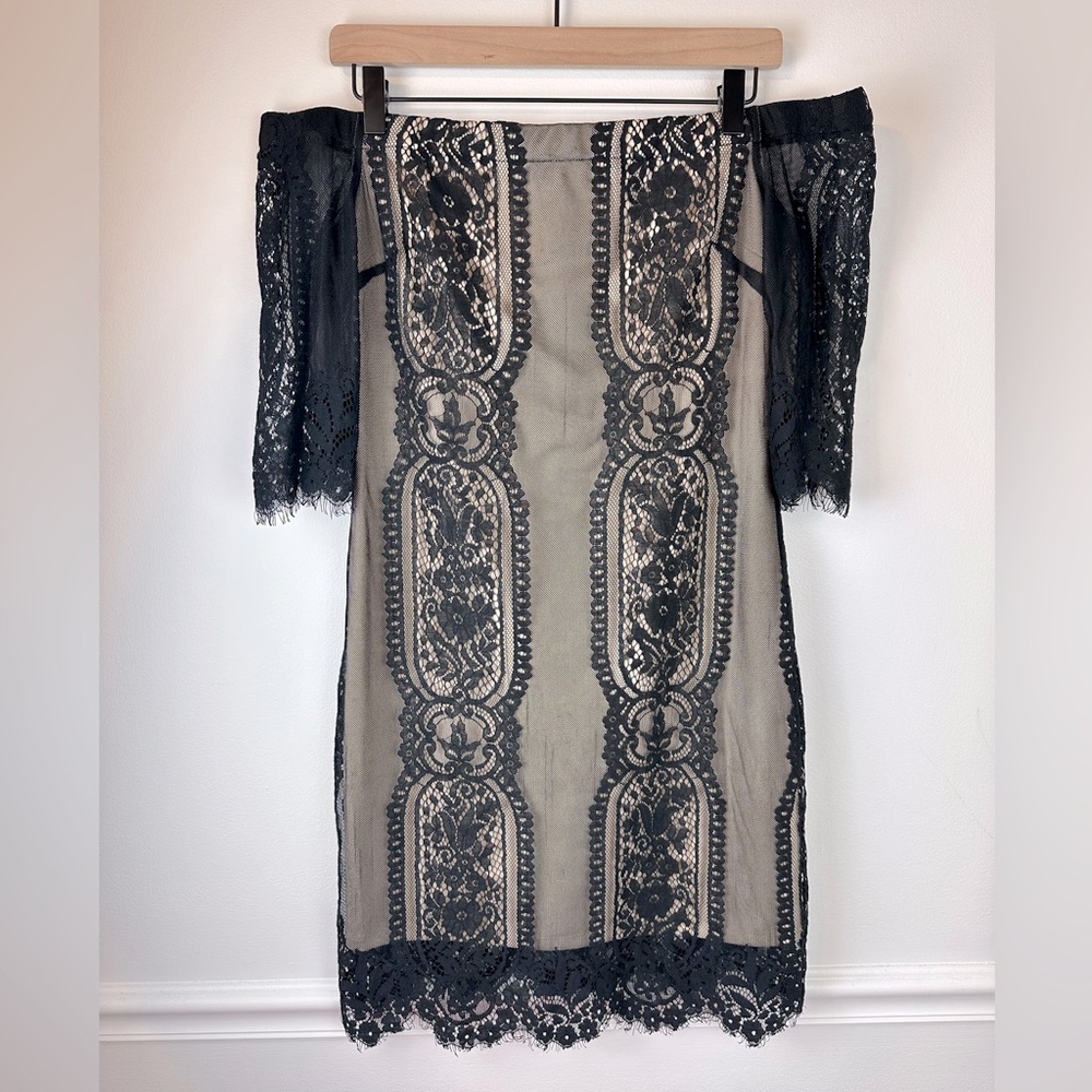 LUSH Off The Shoulder Black Lace Nude Underlay Dress | Size Large